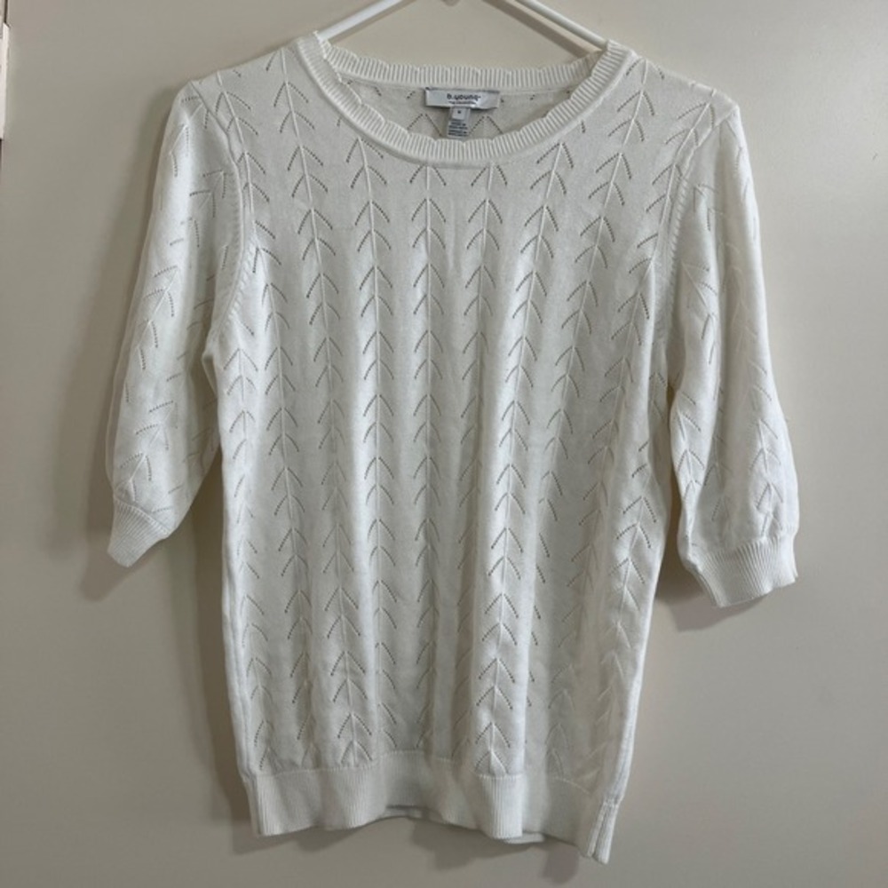 Women Pointelle Knit Sweater Small White Cottage Coastal Grandma Preppy Feminine